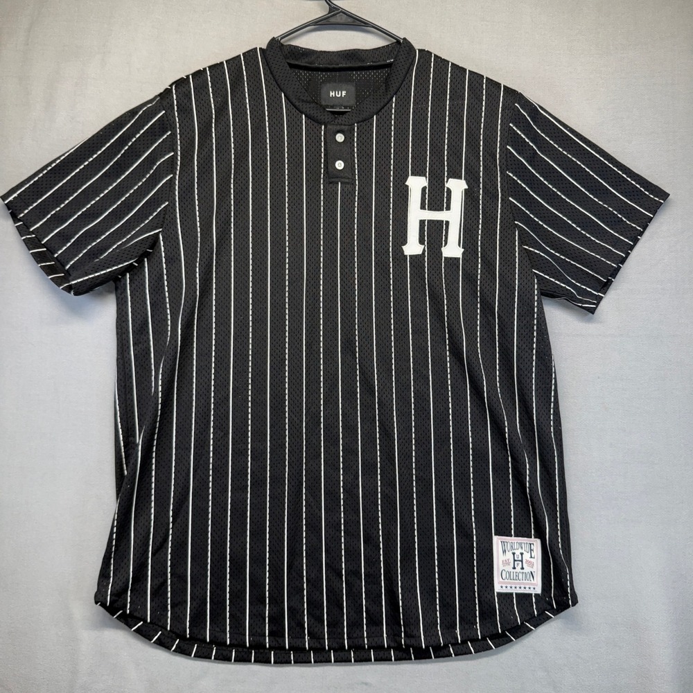 HUF Baseball Jersey Mens XL Black Pinstripe Mesh Short Sleeve Henly Shirt